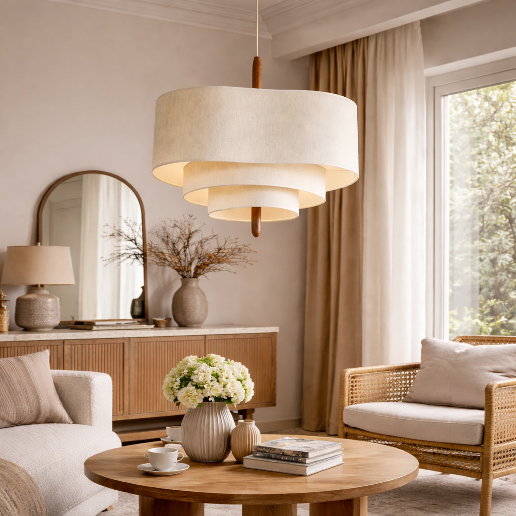 Organic tiered linen pendant light hanging gracefully in a bright, airy living room with natural wood furniture