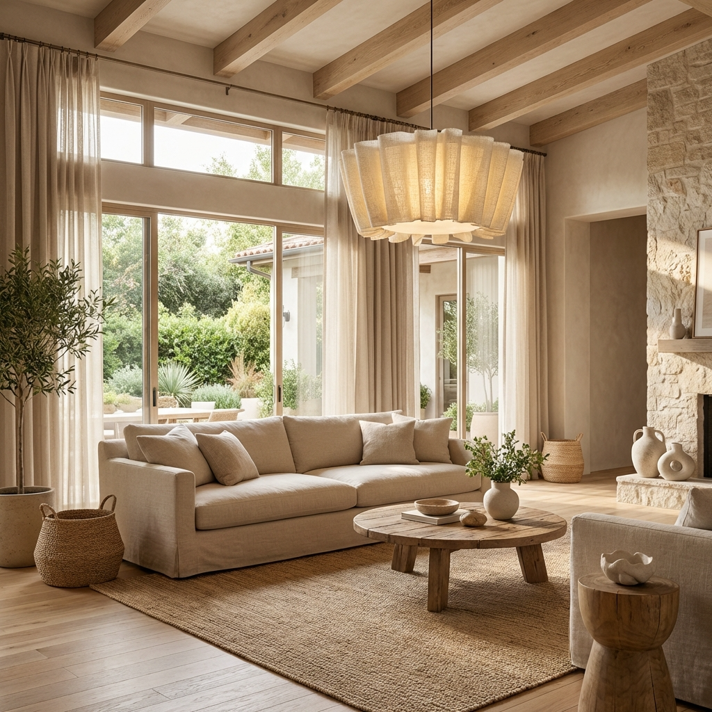 Organic minimalist pleated pendant light serving as a focal point in a relaxing lounge