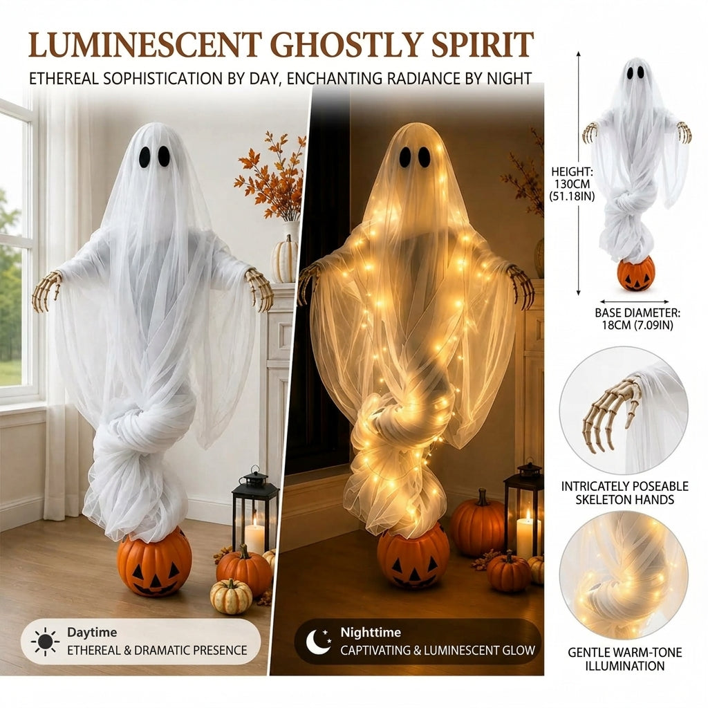 Orlok Swirling Ghost Pumpkin Garden Light shown lit by day and glowing warm white by night, with height and base dimensions