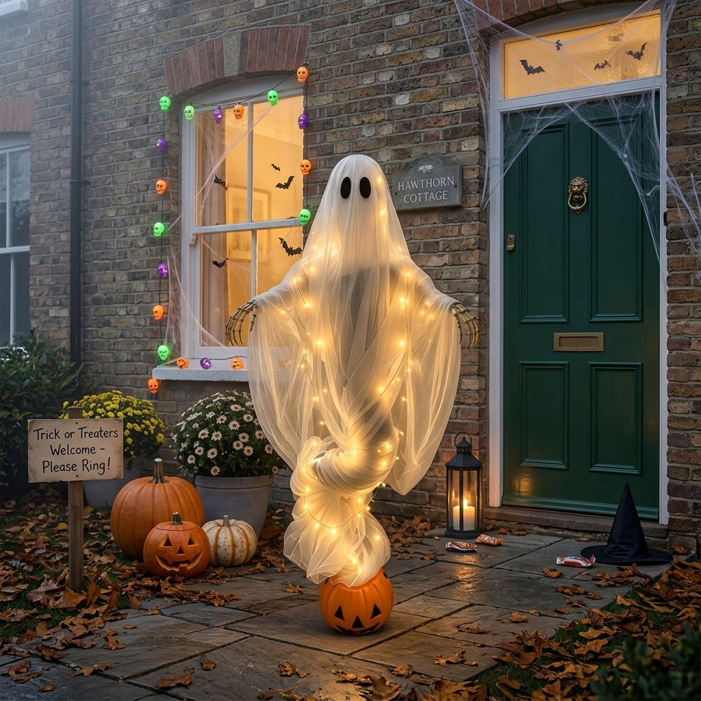 Orlok Swirling Ghost Pumpkin Garden Light lit up in a front garden at night