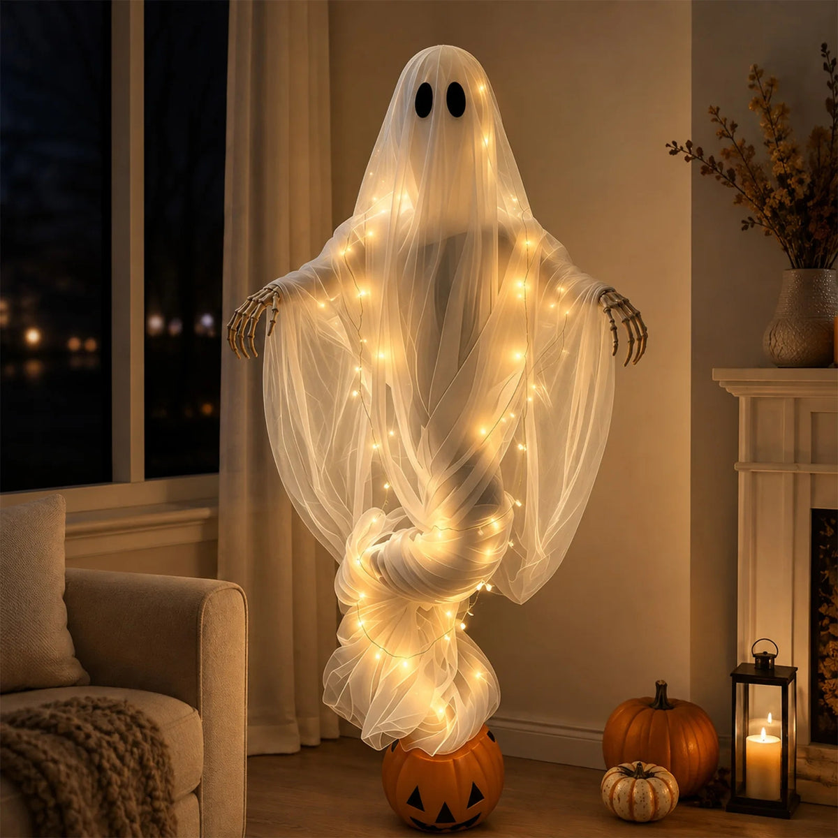 Orlok Swirling Ghost Pumpkin Garden Light glowing indoors in a living room at night