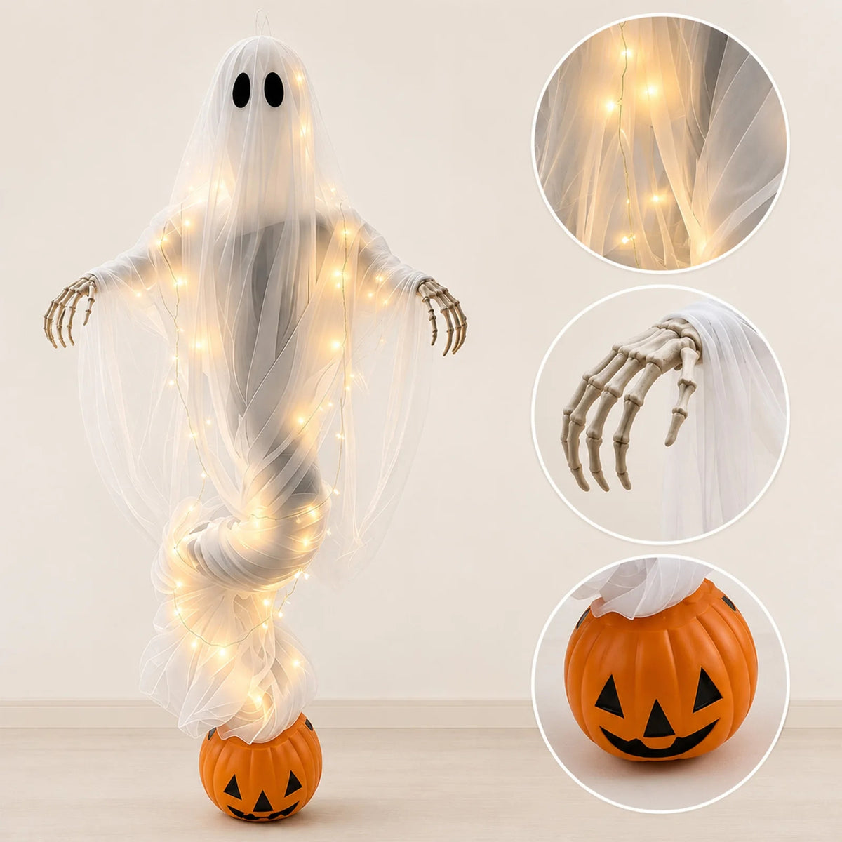Orlok Swirling Ghost Pumpkin Garden Light glowing on a cottage doorstep with a trick-or-treaters welcome sign