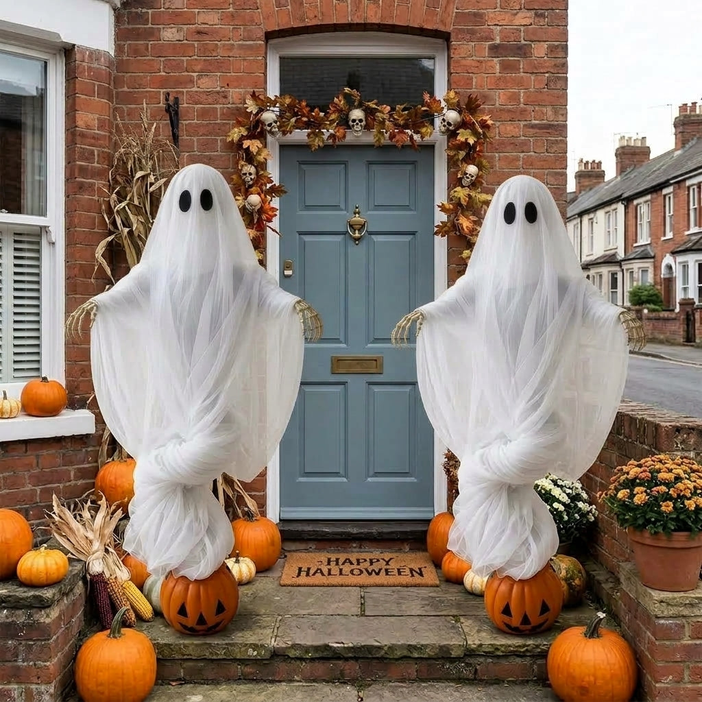 Two Orlok Swirling Ghost Pumpkin Garden Lights flanking a front door decorated for Halloween