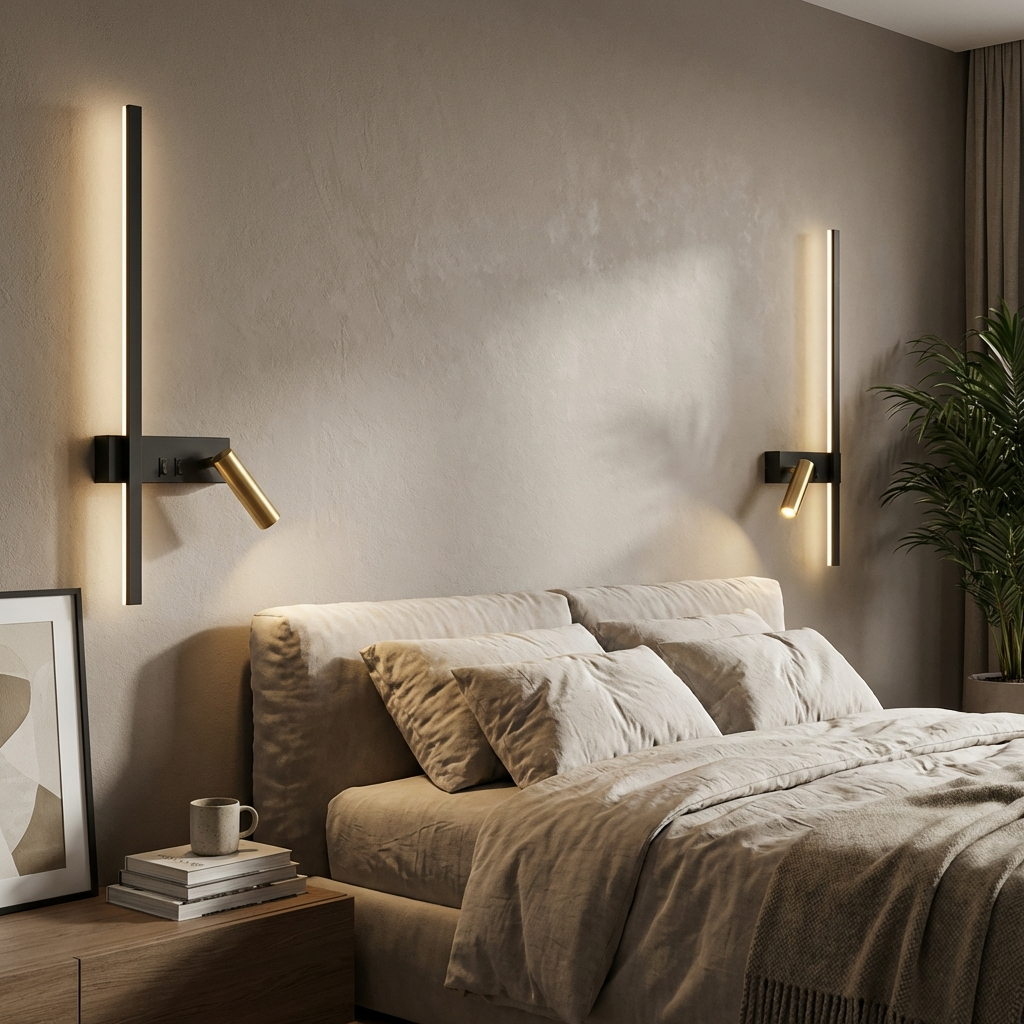 Pair of Nordic dual-light wall lamps symmetrically framing a modern bed in a neutral bedroom interior