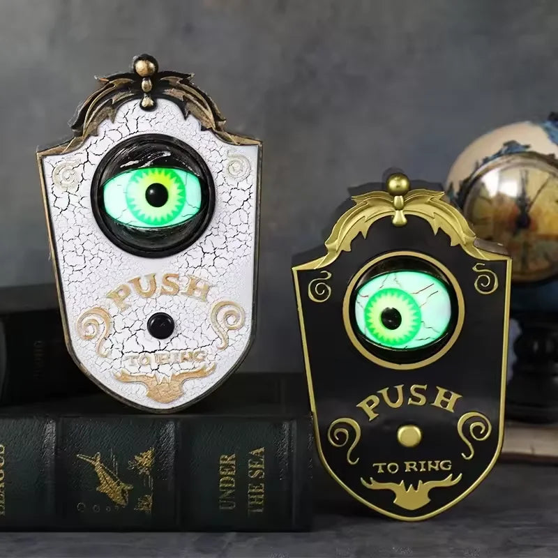 Peepbell black and white gothic eyeball doorbells side by side