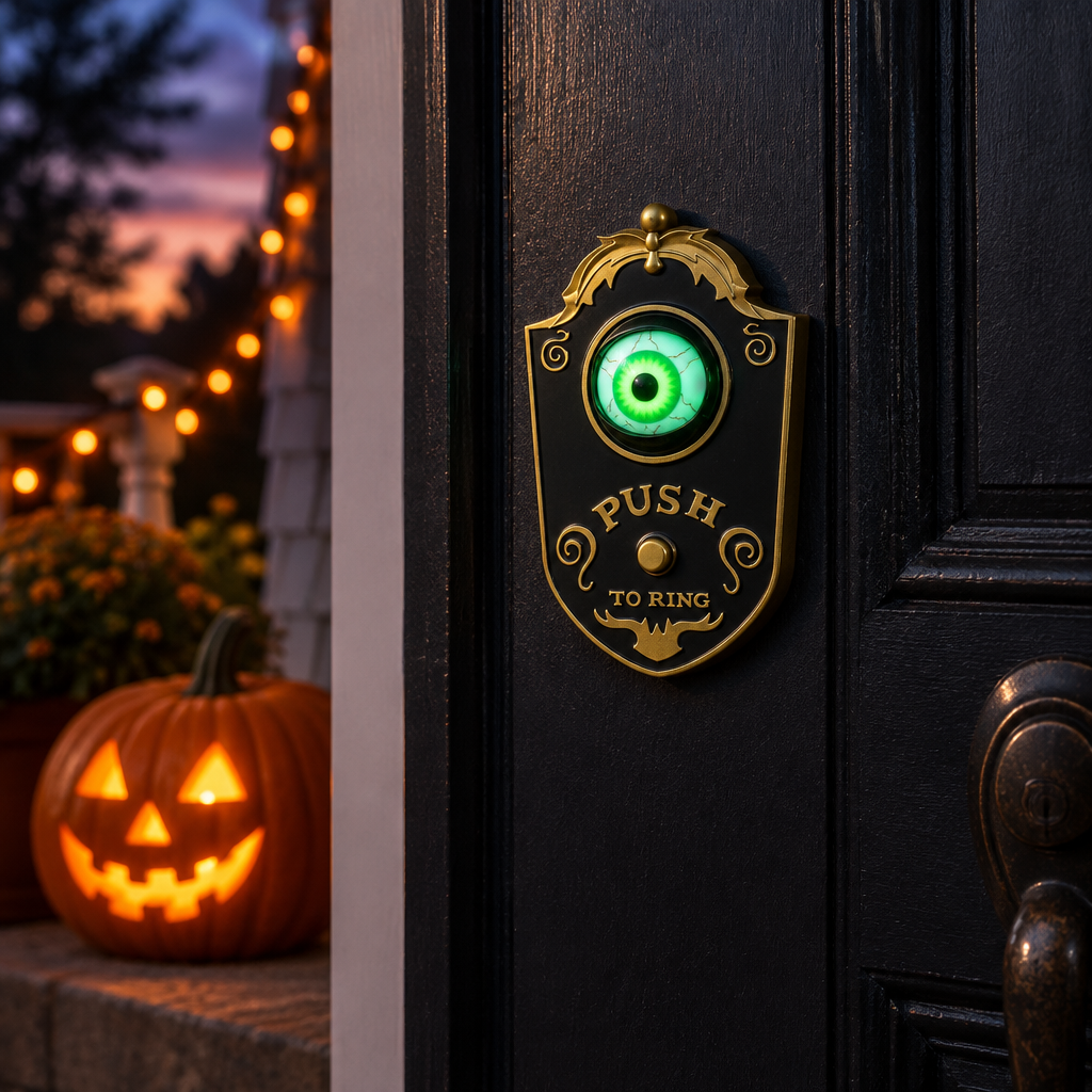 Peepbell black gothic eyeball doorbell mounted on a front door at dusk with a lit pumpkin on the porch