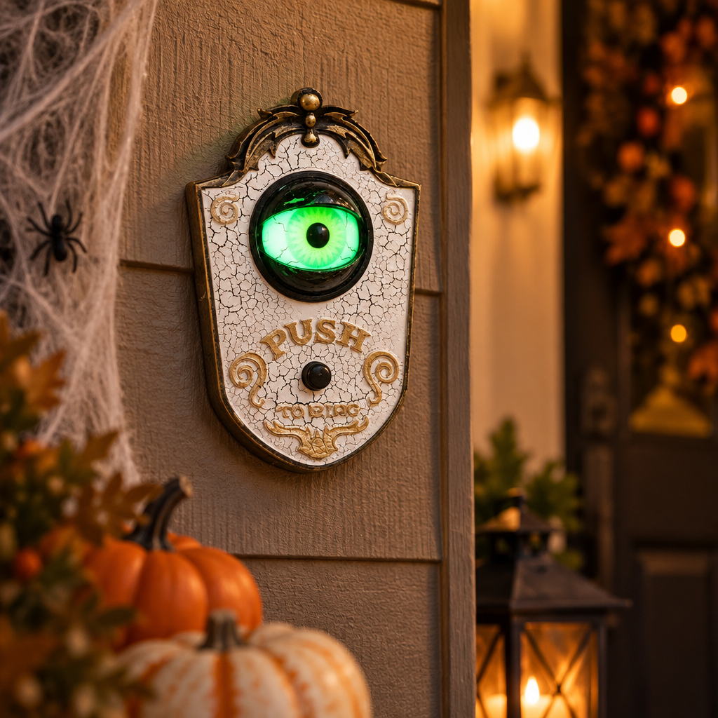 Peepbell white gothic eyeball doorbell mounted in a Halloween-decorated entryway with pumpkins and spiderwebs