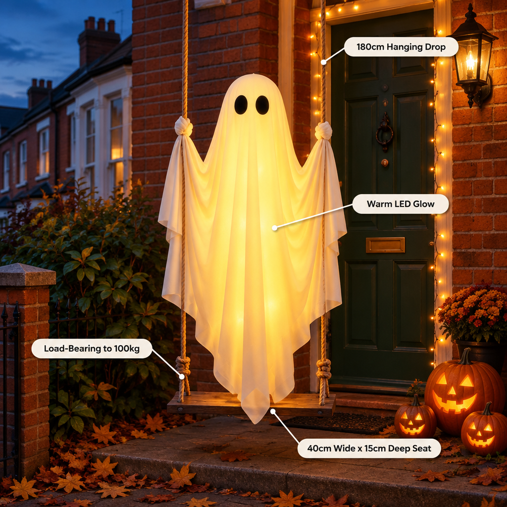 Pendulum ghost porch swing feature infographic: 180cm hanging drop, warm LED glow, load-bearing to 100kg, 40cm wide x 15cm deep seat
