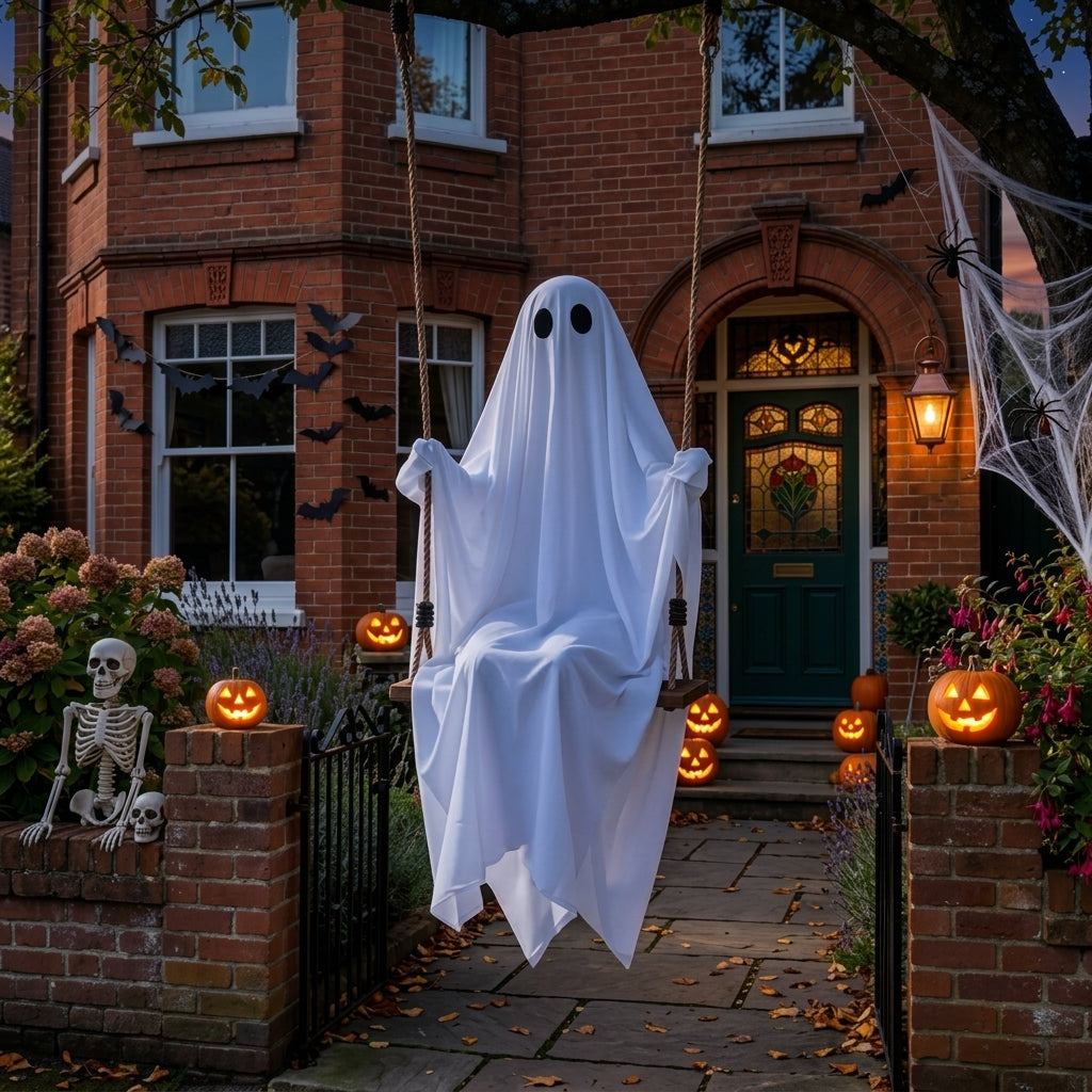 Pendulum ghost porch swing hanging on a British Halloween porch pathway with pumpkins and a skeleton