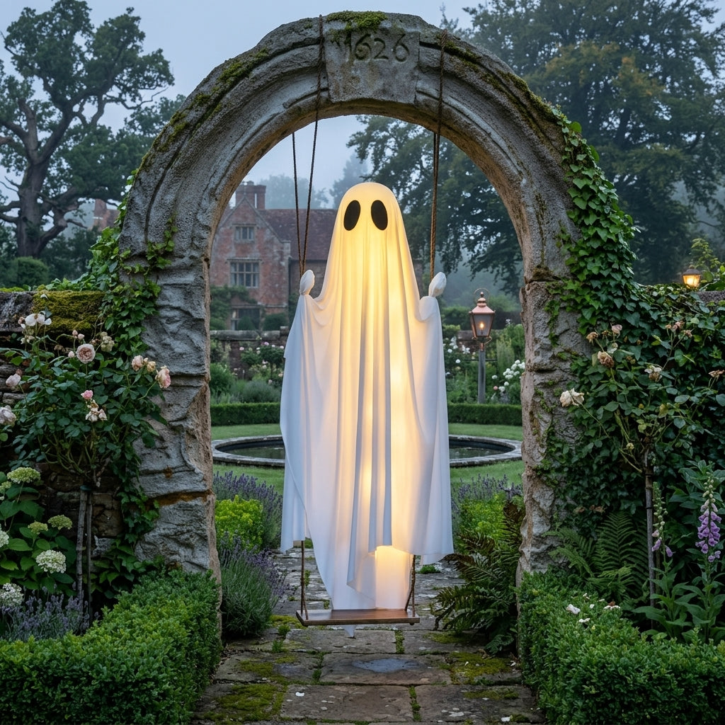Pendulum ghost porch swing glowing beneath a stone garden archway at dusk