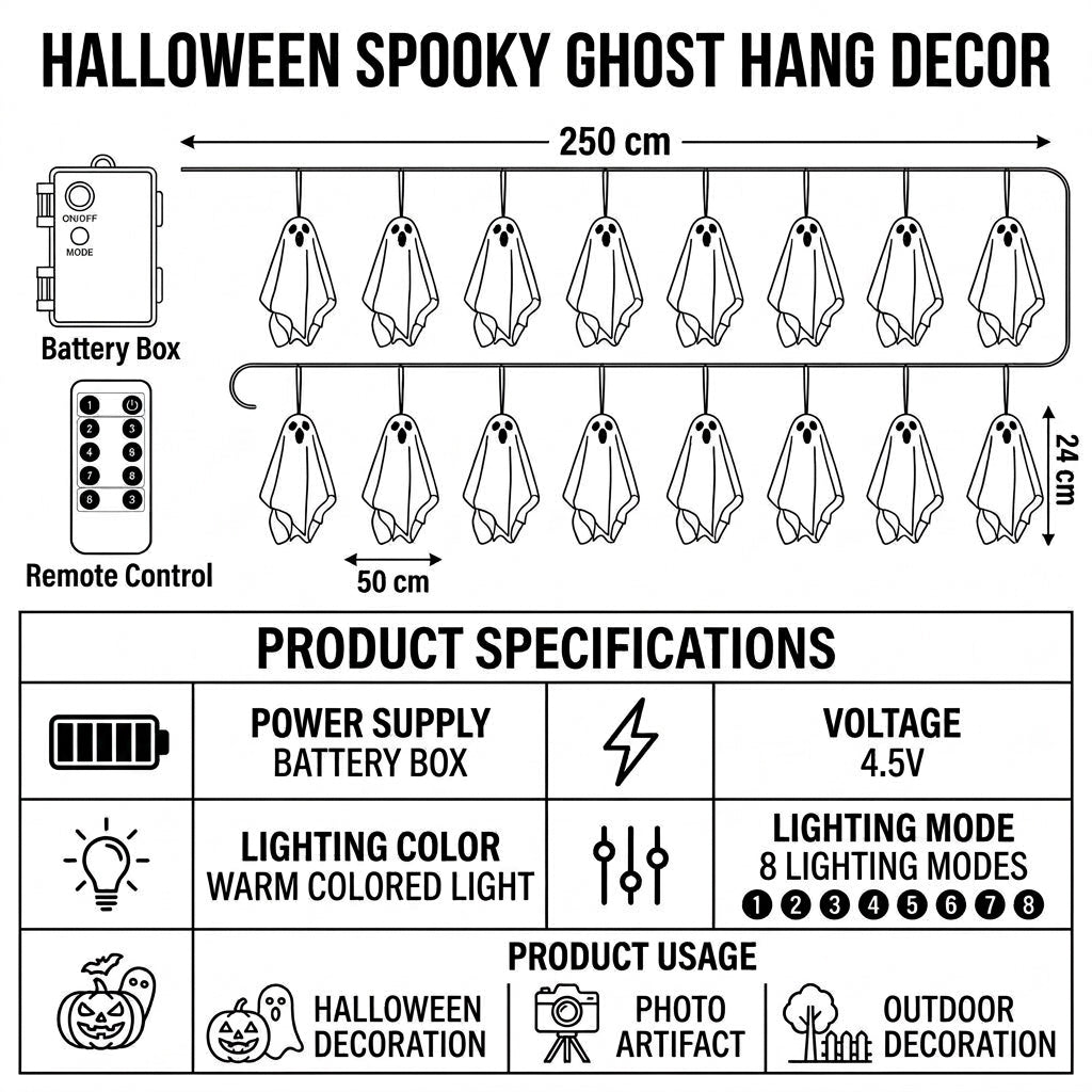 Phantasm ghost string lights dimensions and specifications diagram: 250cm length, 24cm drop, 50cm spacing, battery box, remote control, 8 lighting modes