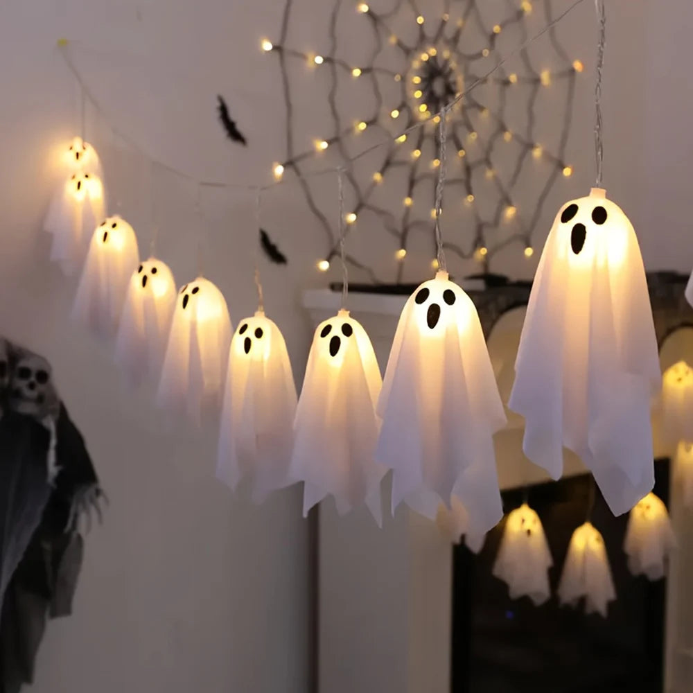 Phantasm ghost string lights hanging with spider web fairy lights, Halloween decoration