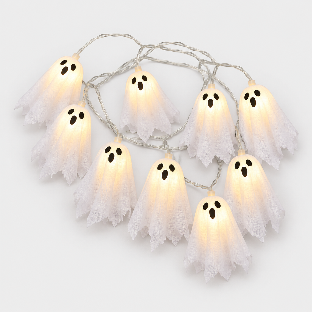 Phantasm 10-pack warm white LED ghost string lights on white background