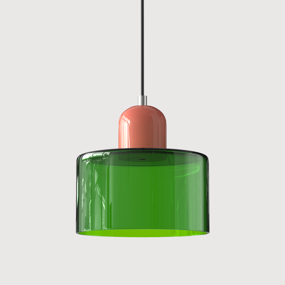 Pink base and bright green shade playful glass pendant light
