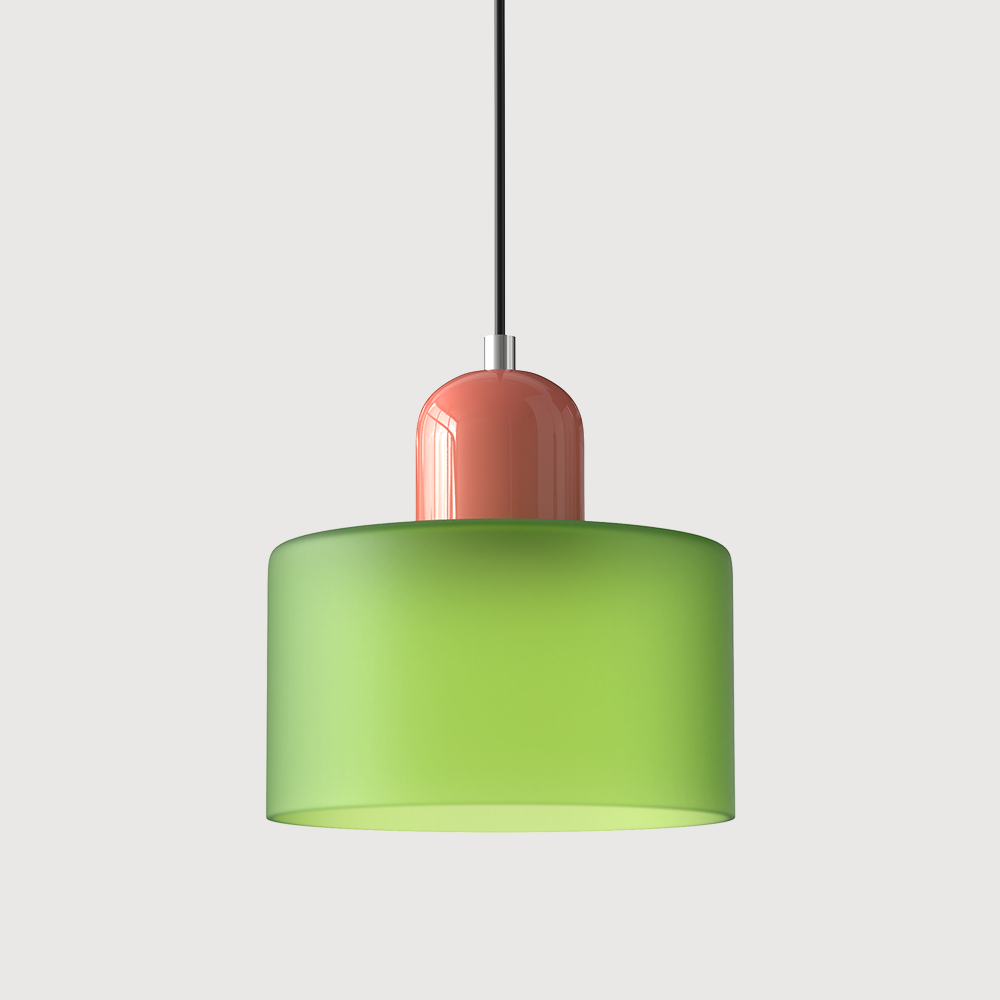 Pink base and frosted green shade retro ceiling pendant