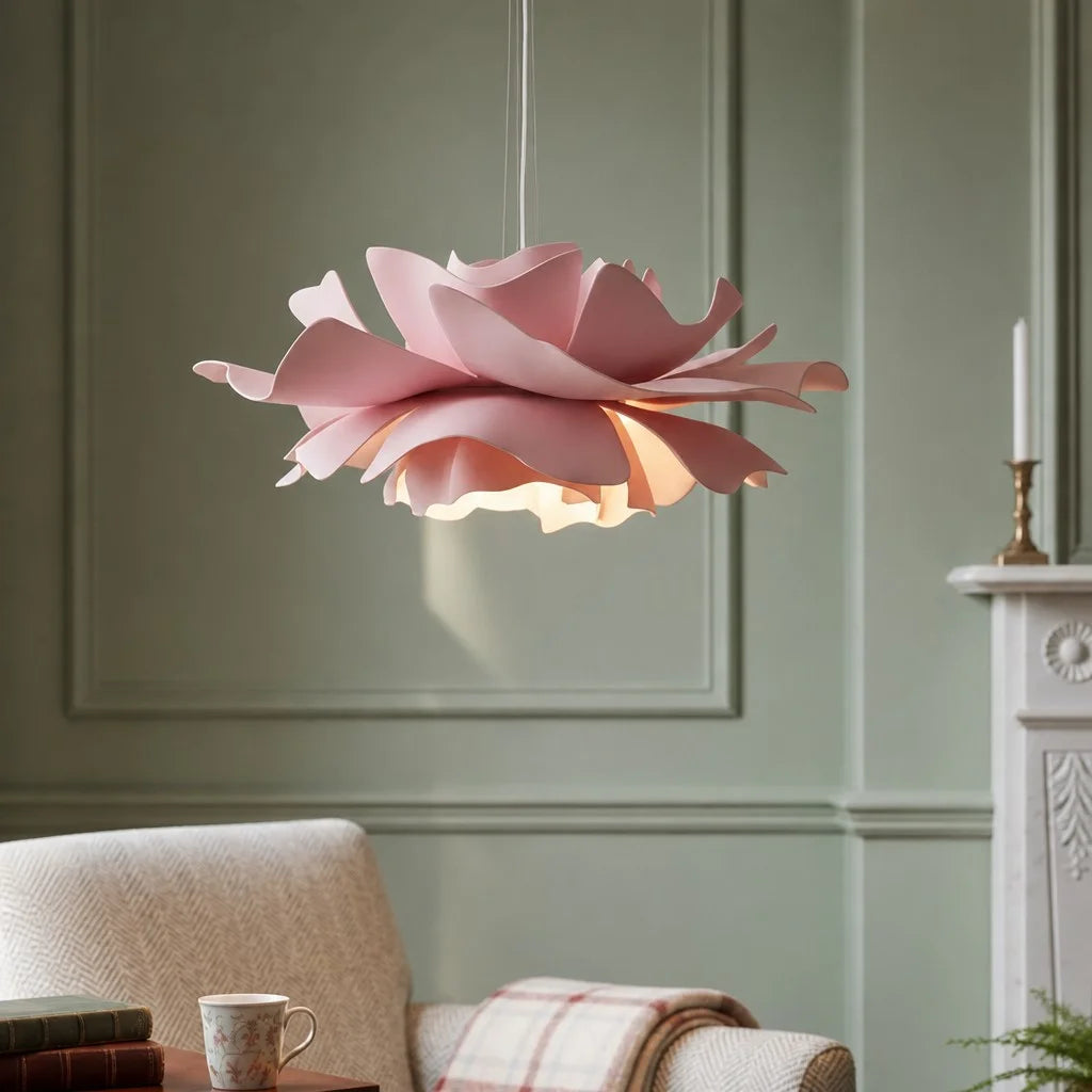Pink lotus flower pendant light adding a soft pastel touch to a classic green living room