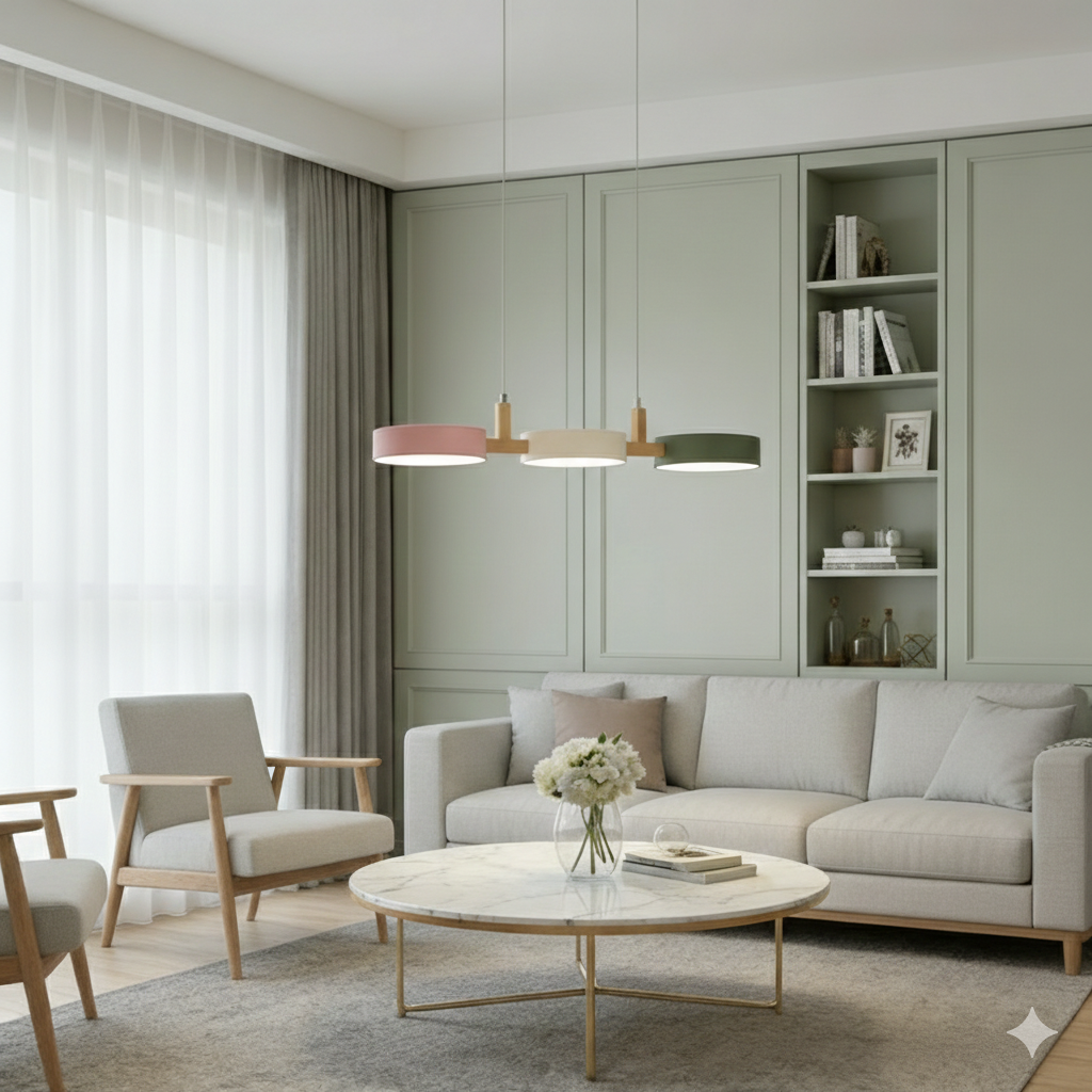 Pink, white, and green macaron pendant light adding a playful touch of colour to a lounge area