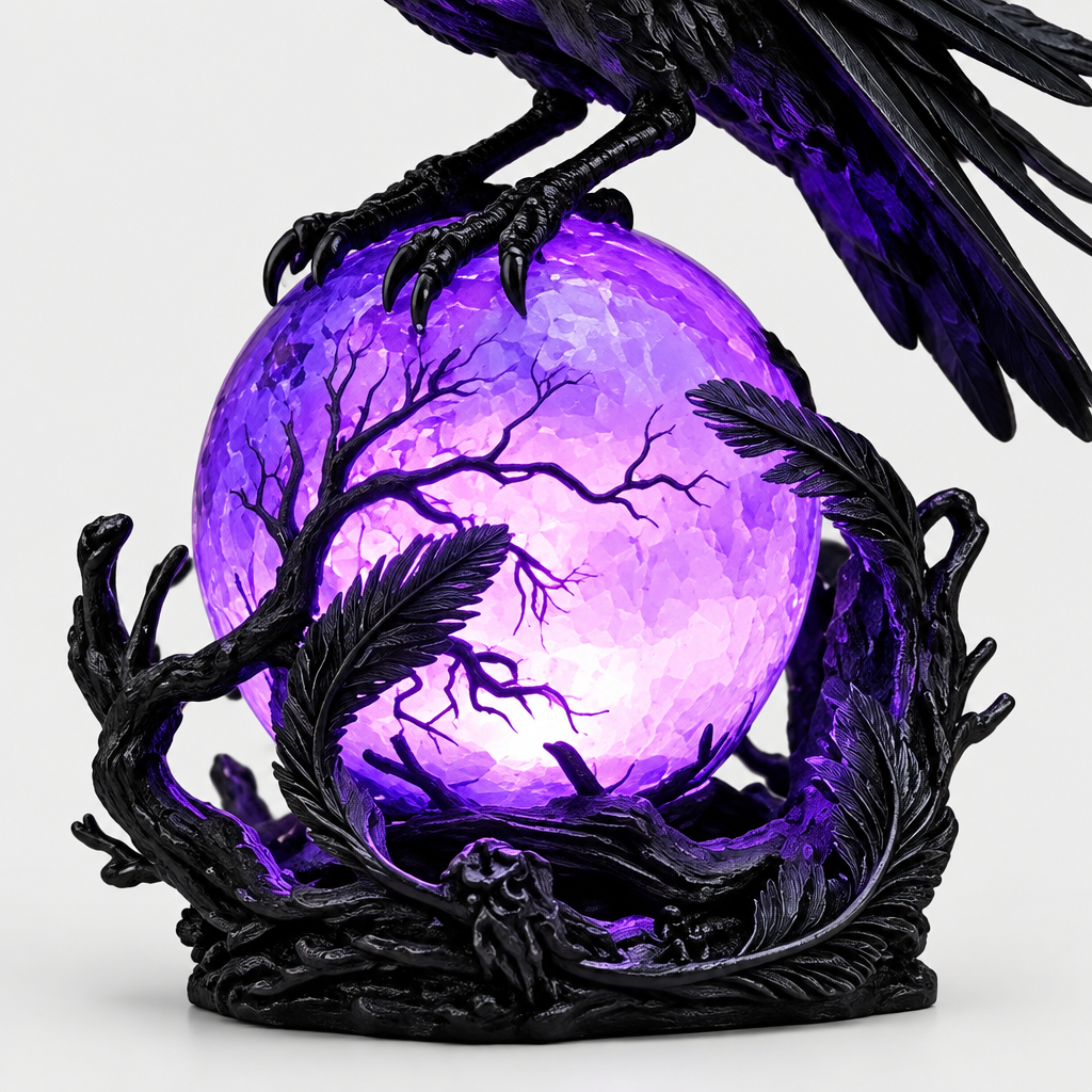 Close-up of Plumage's glowing purple crystal orb base with branch and talon detail