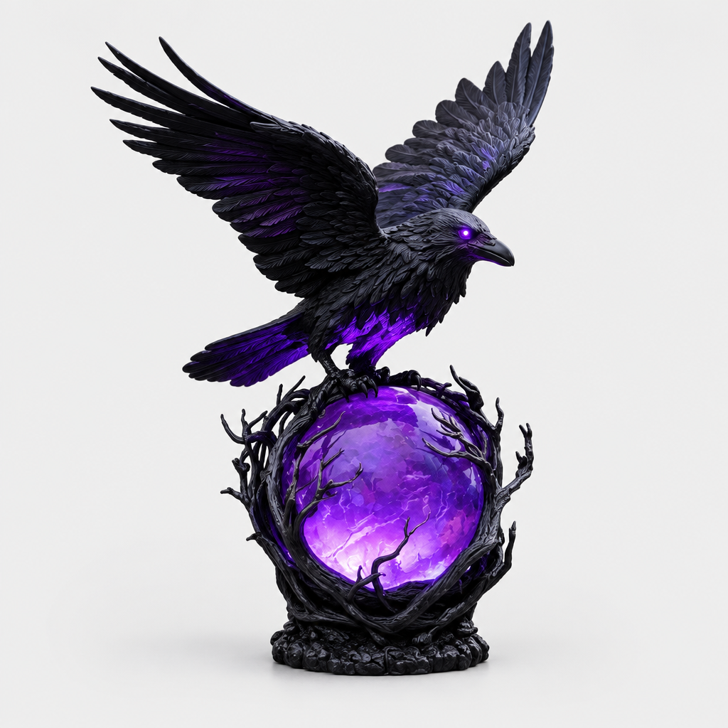 Plumage gothic raven LED night light, wings raised pose with glowing purple eye, perched on crystal orb, studio hero shot