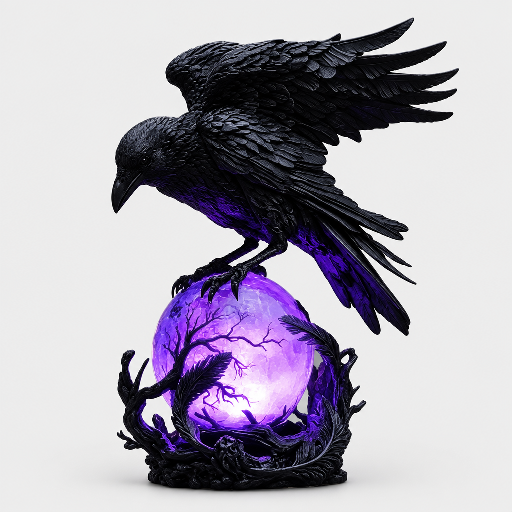 Plumage gothic raven LED night light, wings spread pose, perched on glowing purple crystal orb, studio hero shot