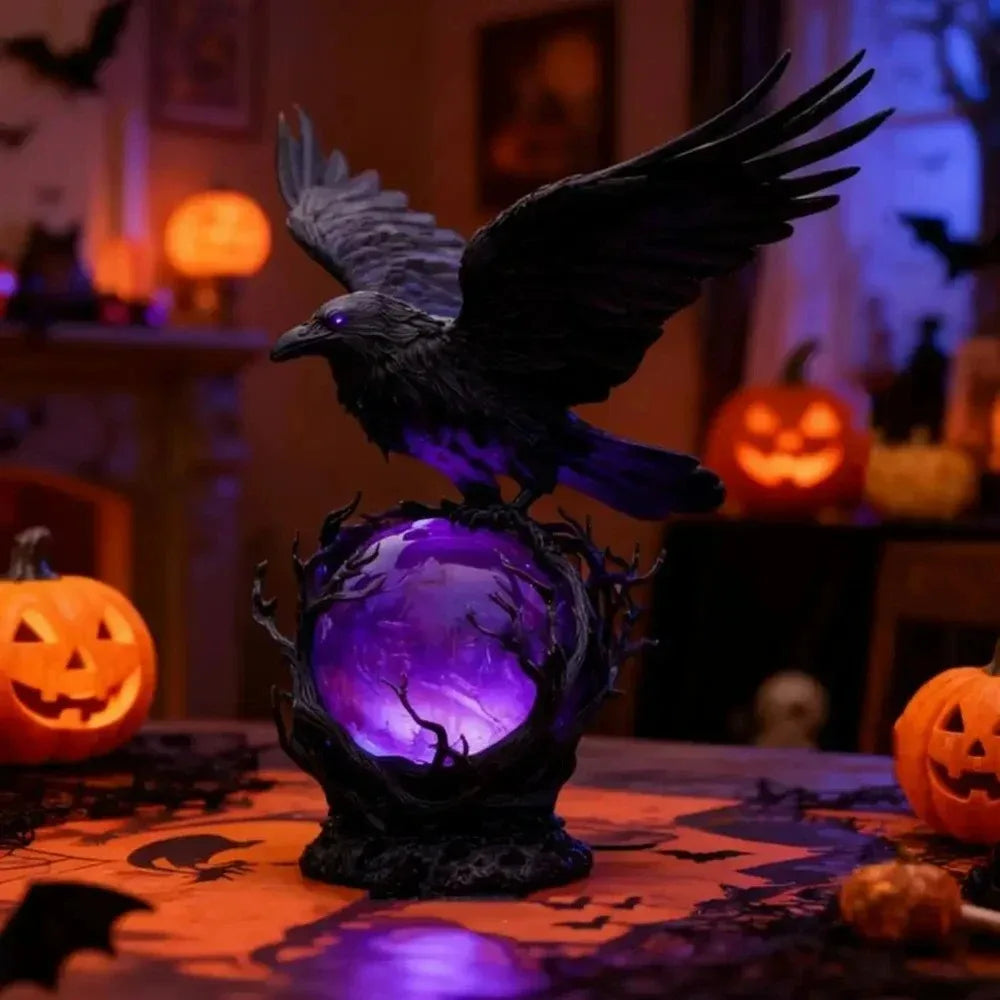 Plumage gothic raven LED night light glowing purple on a Halloween party table surrounded by jack-o'-lanterns and bats