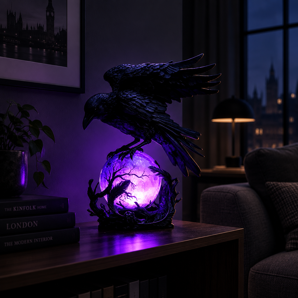 Plumage gothic raven LED night light glowing purple on a console table in a dark living room at night