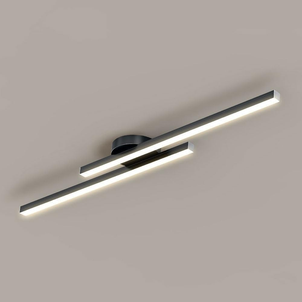 Angled view of the black double-bar LED poxu ceiling lamp showcasing its staggered profile