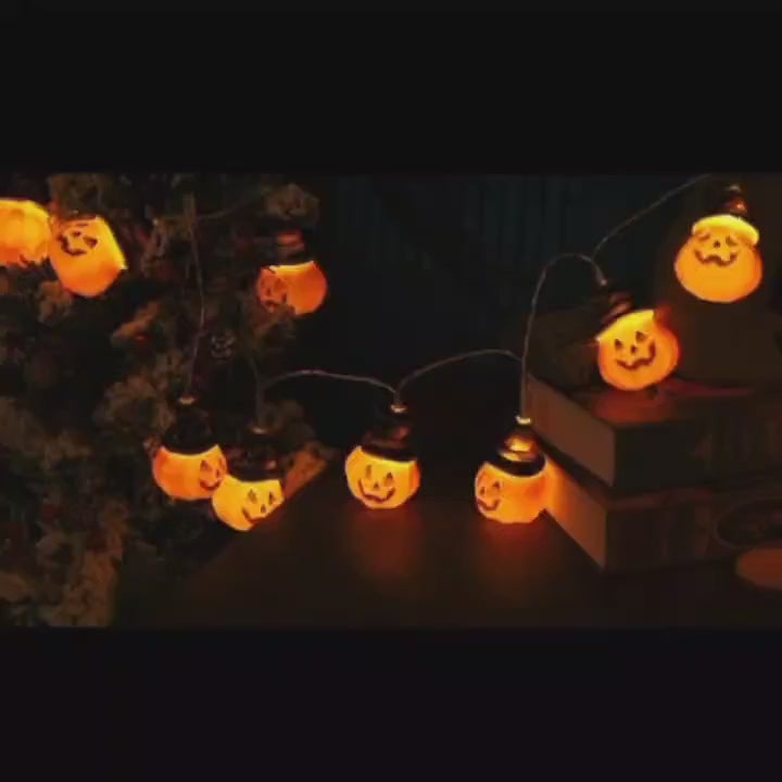 Load video: Brimsparks - Pumpkin LED String Lights 6 Pack - Halloween Decoration