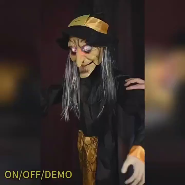 Load video: Cacklepost - Animated Hanging Witch Prop with Sound &amp; Light-Up Eyes - Halloween Decoration