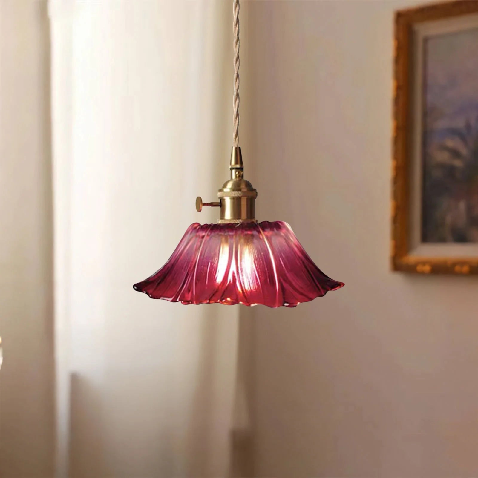 Purple vintage glass ceiling lamp highlighting its romantic, lotus-inspired silhouette