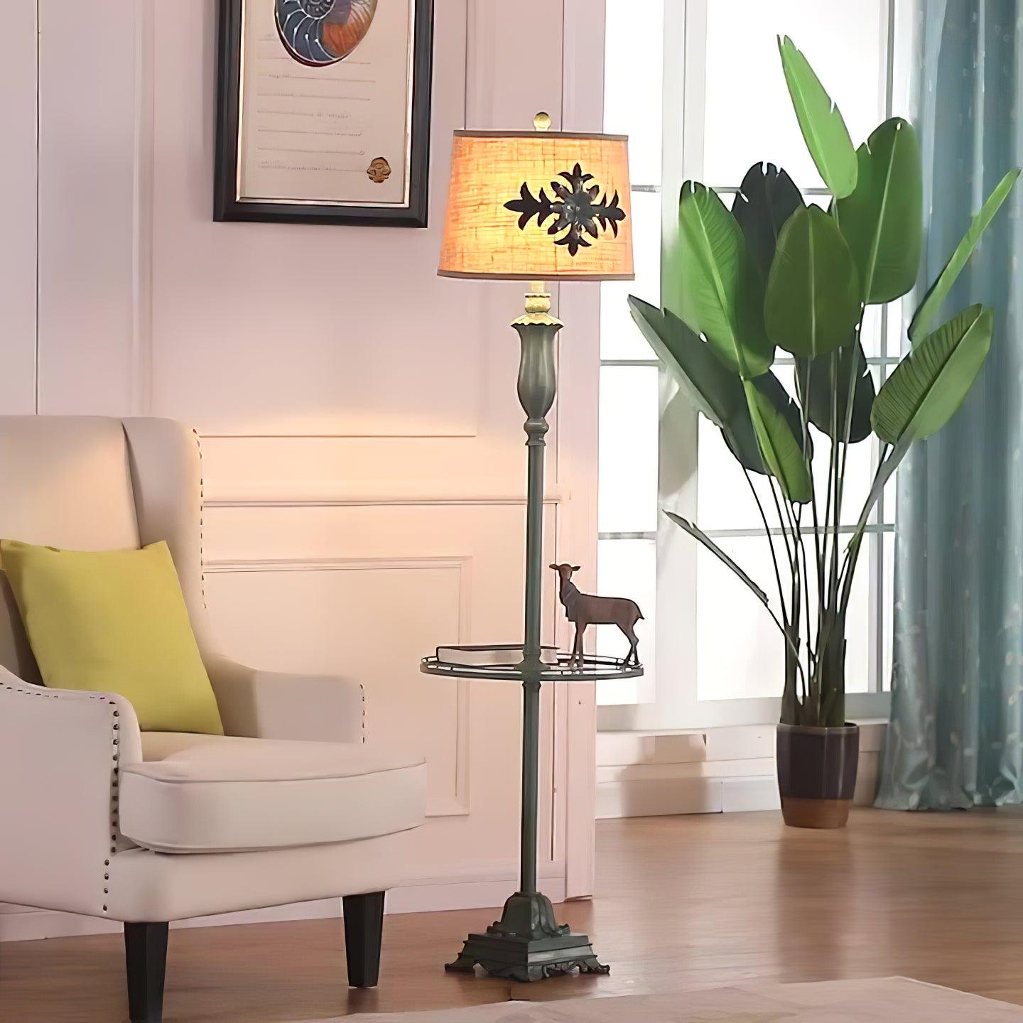 Retro green puska floor lamp with a built-in tray table acting as a functional accent in a bright reading nook