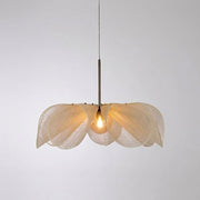 Puvzo Japandi wabi-sabi woven rattan lotus pendant light, lit, hero shot
