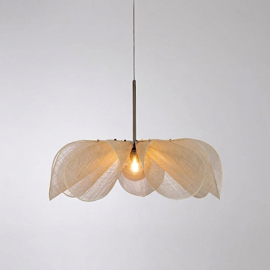 Puvzo Japandi wabi-sabi woven rattan lotus pendant light, lit, hero shot