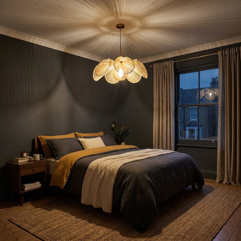 Puvzo rattan lotus pendant light lit above a bed in a warm bedroom setting