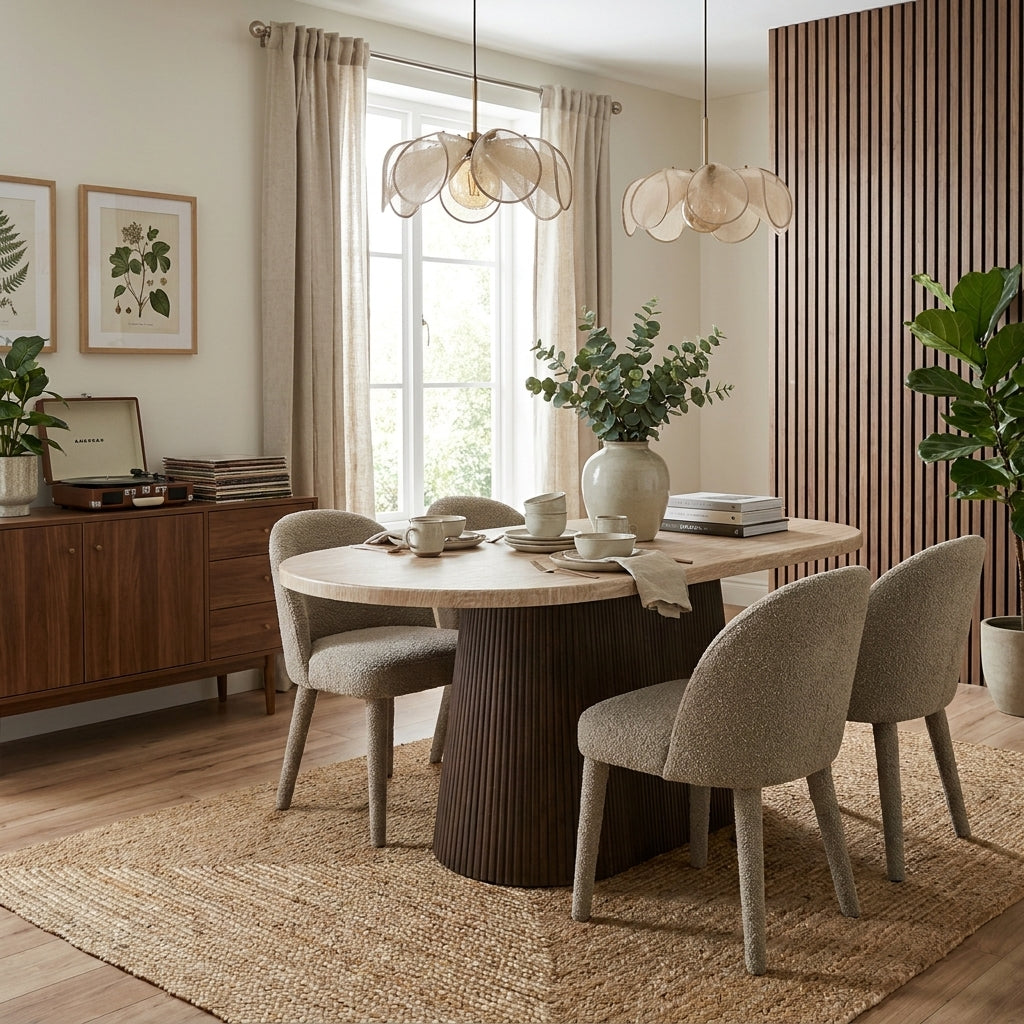 Puvzo rattan lotus pendant light lit above a wooden dining table