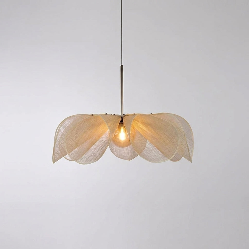 Puvzo woven rattan lotus pendant light, lit, product shot on a plain background