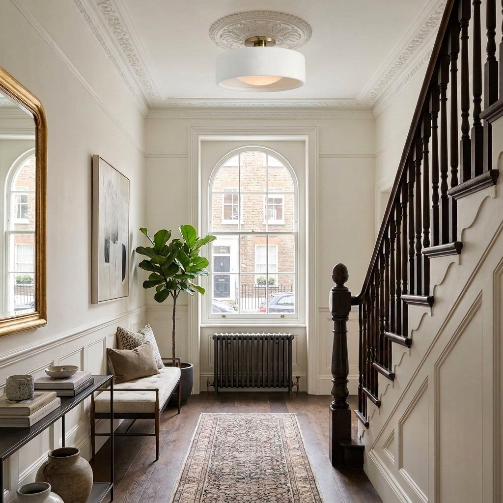 Pymzi ceiling light in entryway near staircase