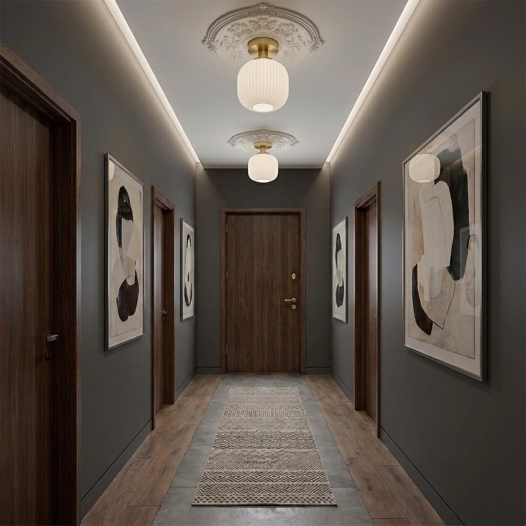 Qavlu ceiling lights installed down a dark-toned hallway