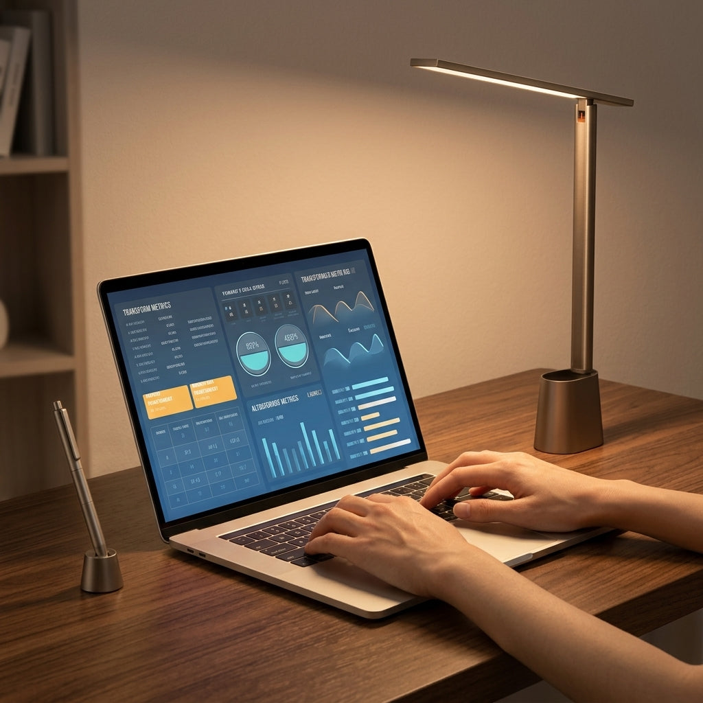 A modern desk setup with a laptop showing a dashboard, a slim qeta desk lamp, a pen in a small holder, and a person's hands typing on the keyboard in a warmly lit room.