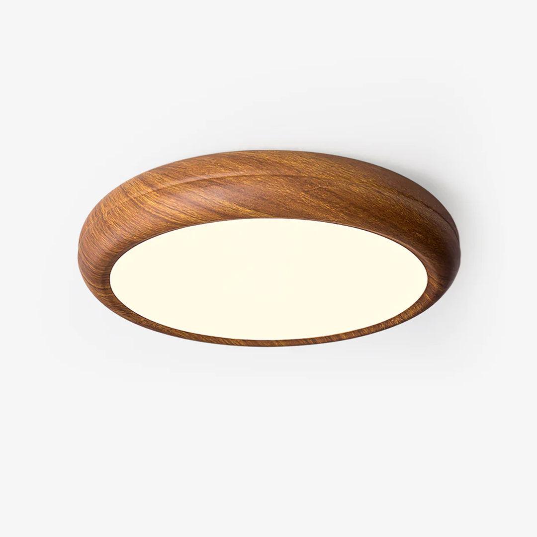 Isolated view of the curved walnut wood-effect flush mount qexi ceiling lamp