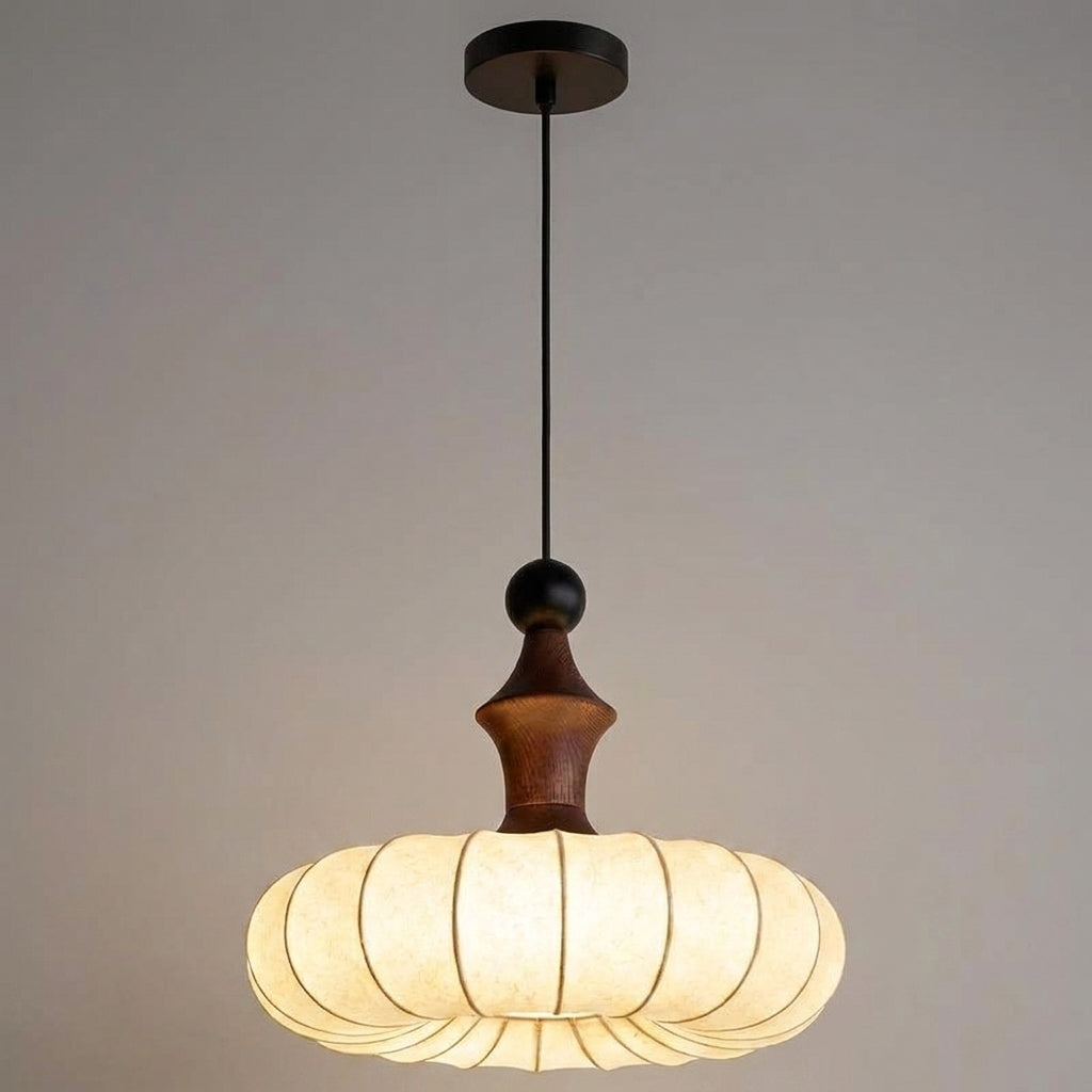 Qizlu Japandi wabi-sabi silk lantern pendant light on grey background