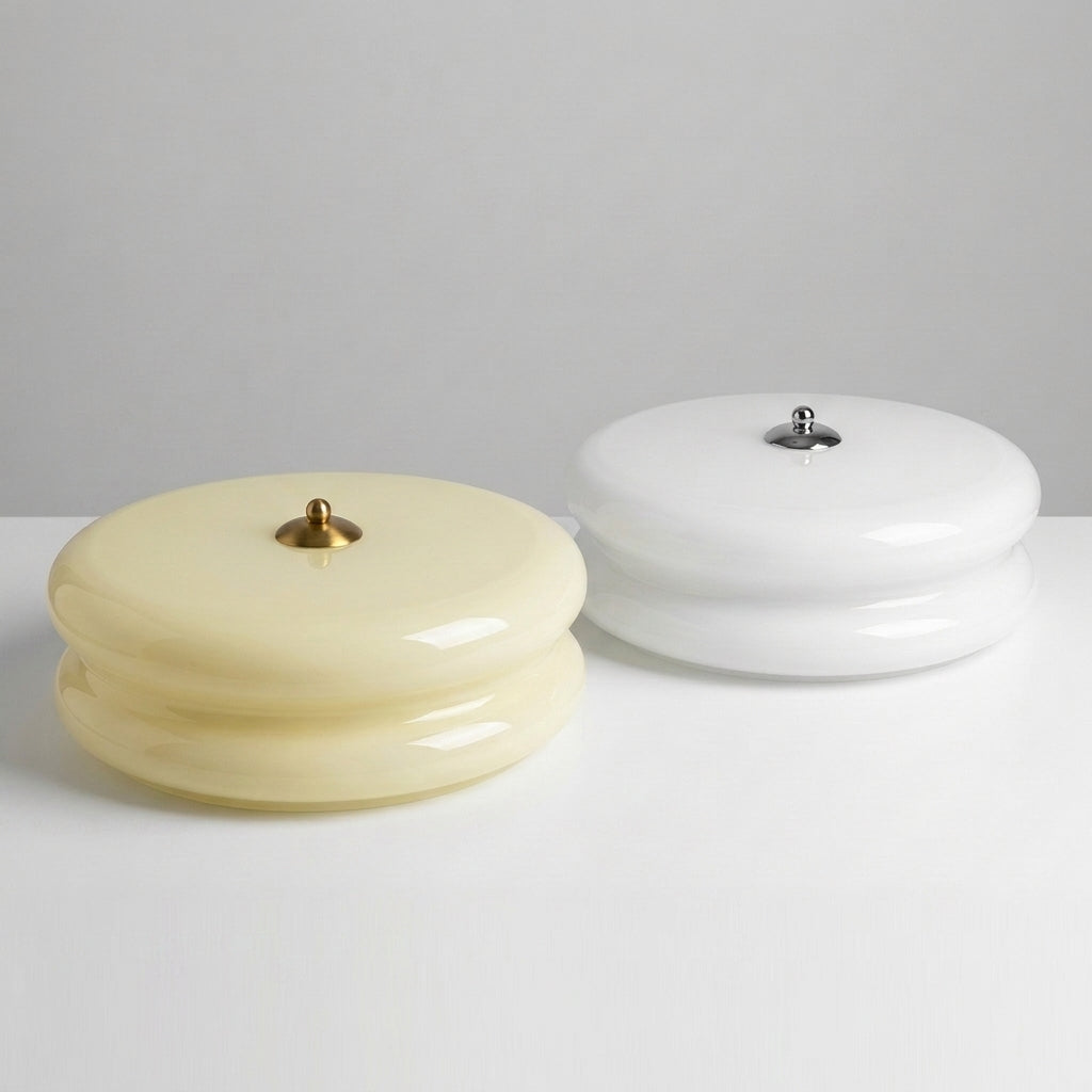 Qoxli tiered glass ceiling light shown in both beige with gold-tone metal fitting and white with chrome fitting