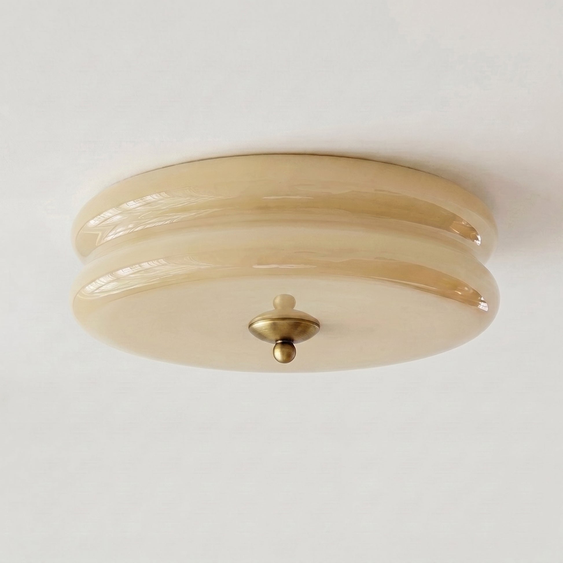 Qoxli tiered glass 40cm ceiling light in beige with gold-tone metal fitting, angled hero view