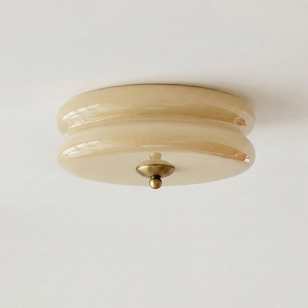 Qoxli tiered glass ceiling light in beige with gold-tone metal fitting, angled hero view