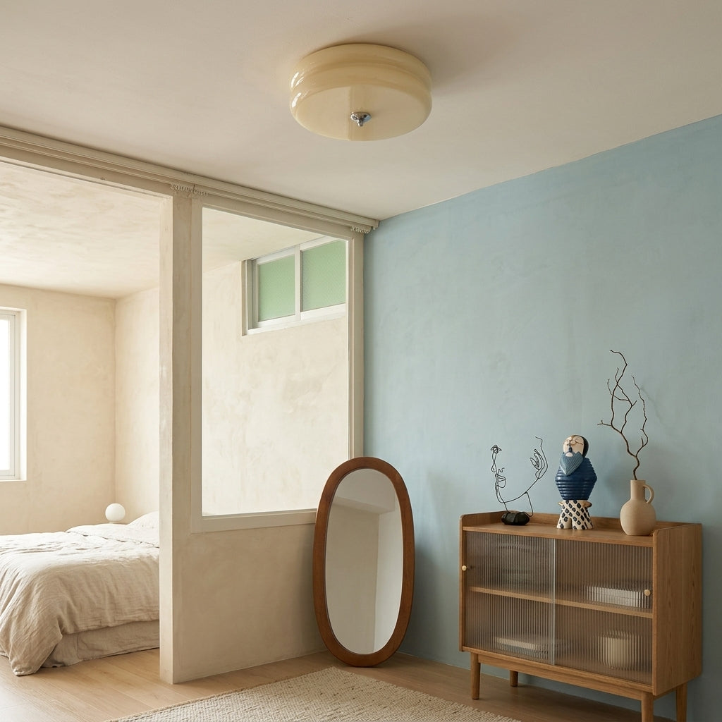 Qoxli beige tiered ceiling light in a room with a light blue accent wall