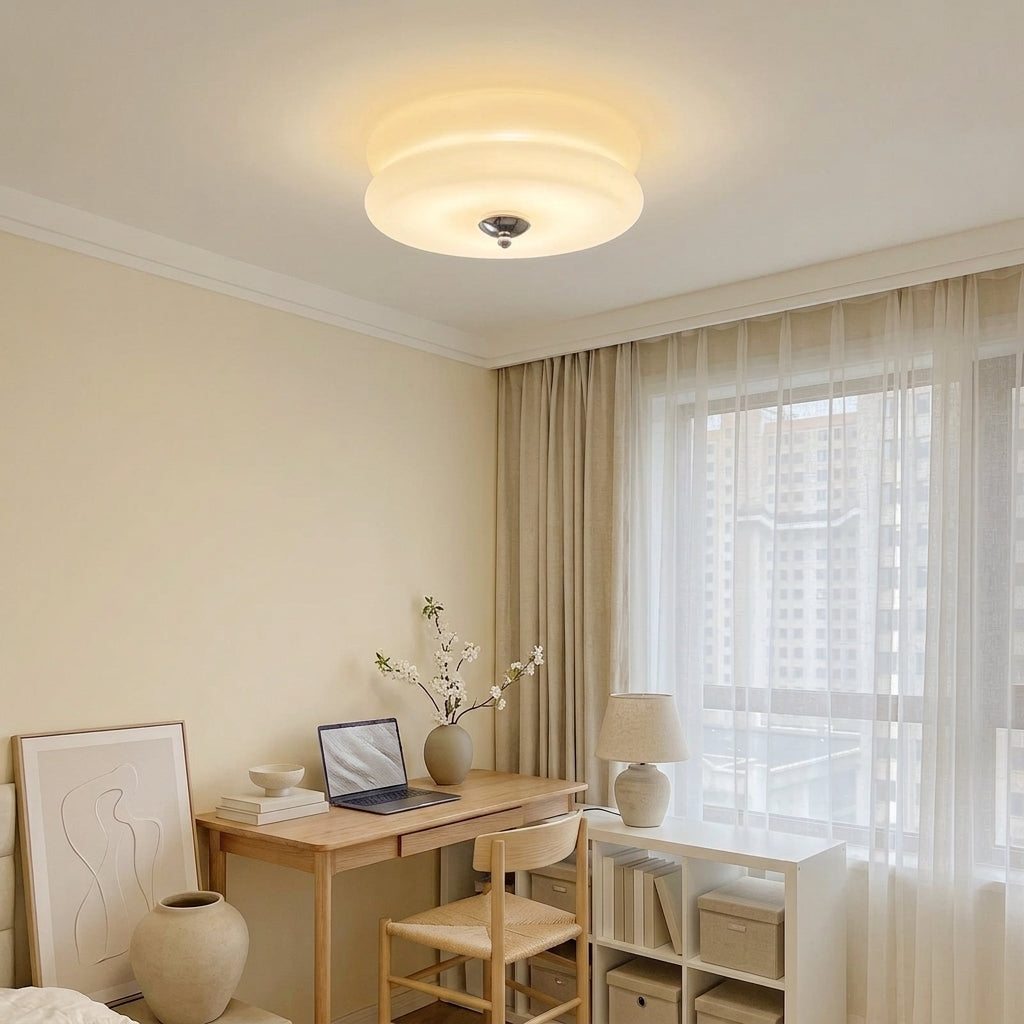 Qoxli tiered ceiling light lit warm white above a home office desk setup