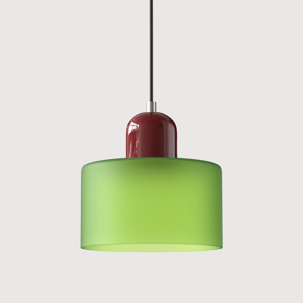 Red base and frosted green shade Bauhaus style pendant.