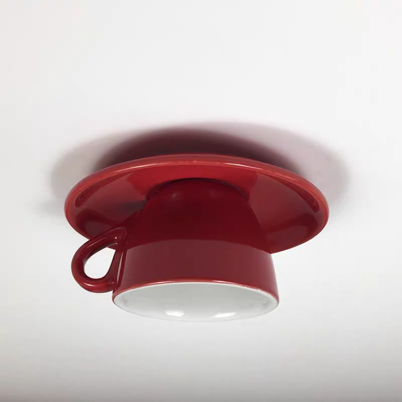 Vibrant red ceramic coffee cup flush mount ceiling light