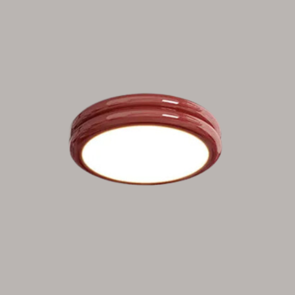 Bold red glossy metal ceiling light featuring an ultra-low 6cm profile
