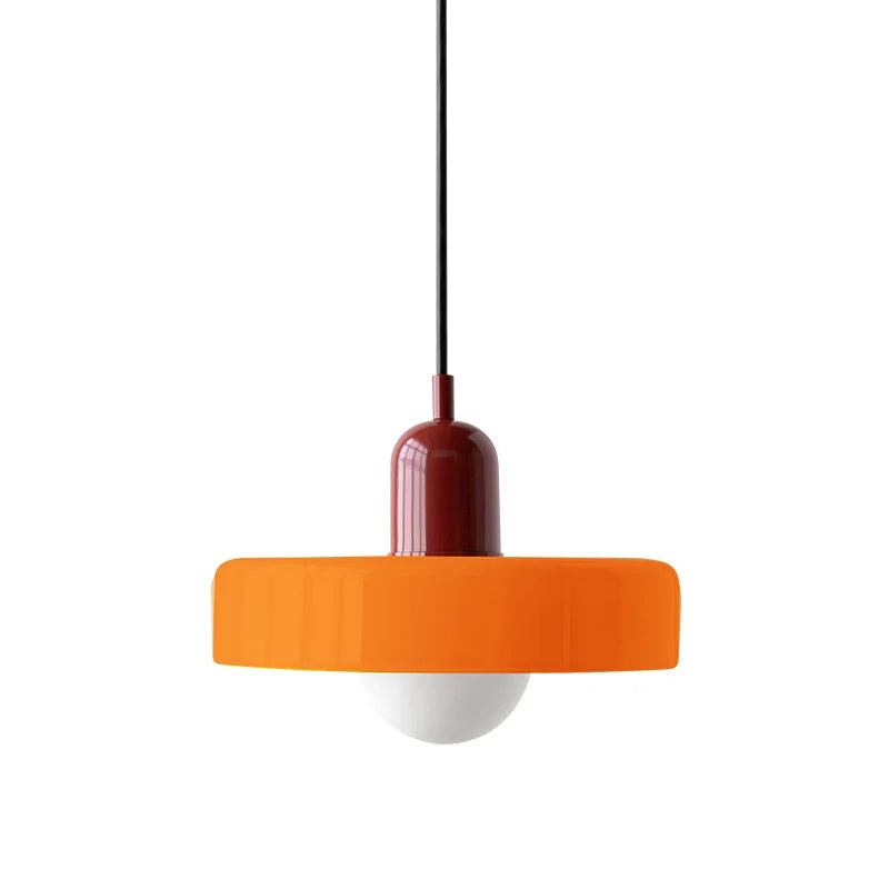 Red and orange retro ceiling lamp highlighting its vibrant, glossy dome shade